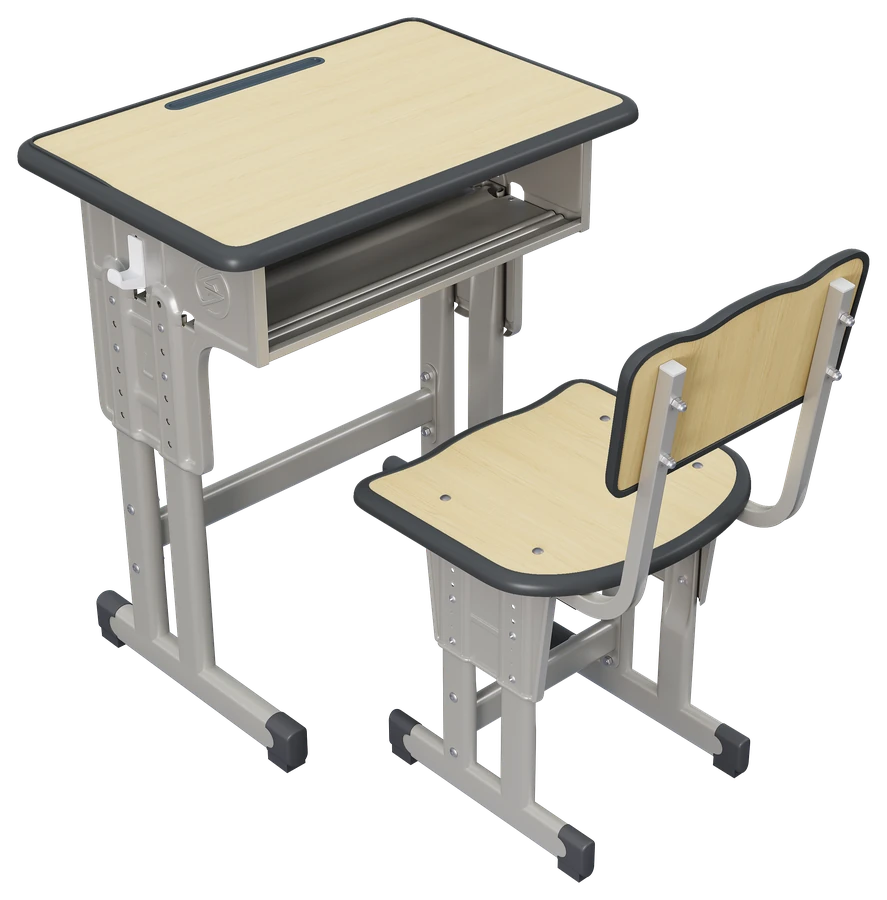 B001 dual-column school desk and chair, wood finish