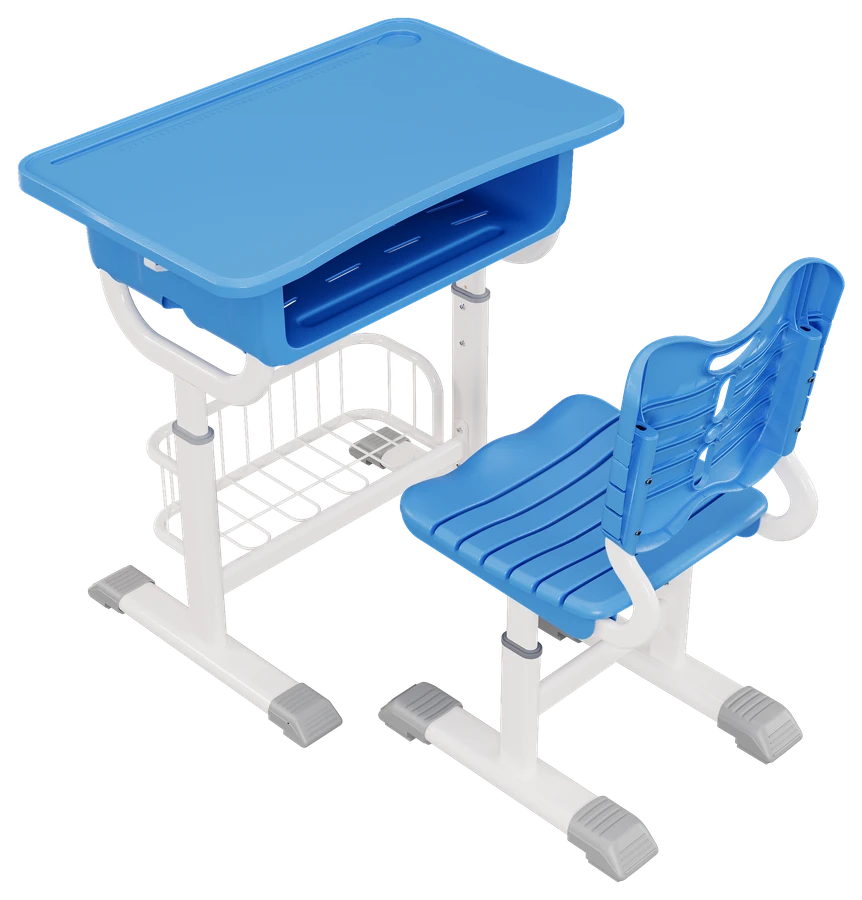 V001 single-column V-frame desk set in pink and blue