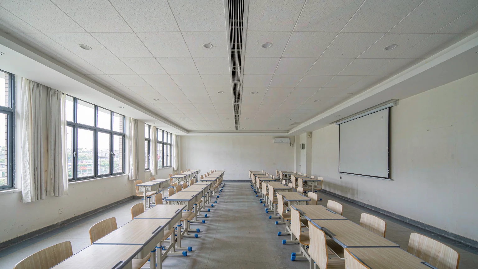 School classroom with adjustable desks and chairs