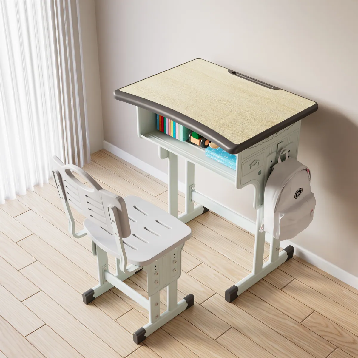 Dual-Column L Hollow-Out School Desk Set, Premium Curved